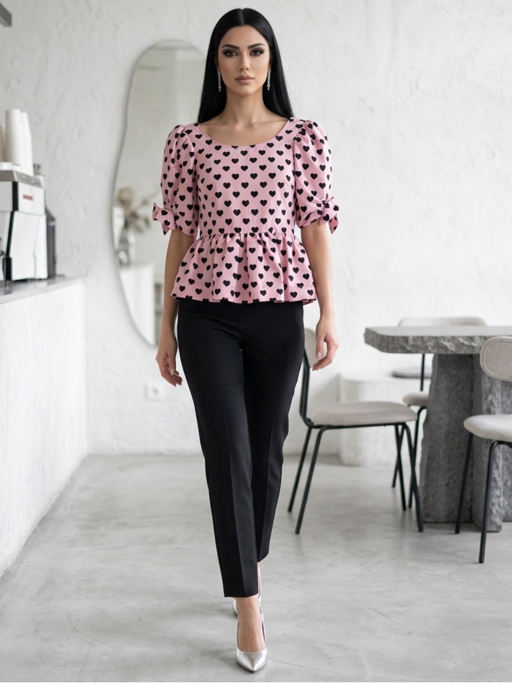 LoveShackFancy Pink Heart Peplum Blouse with Black Hearts